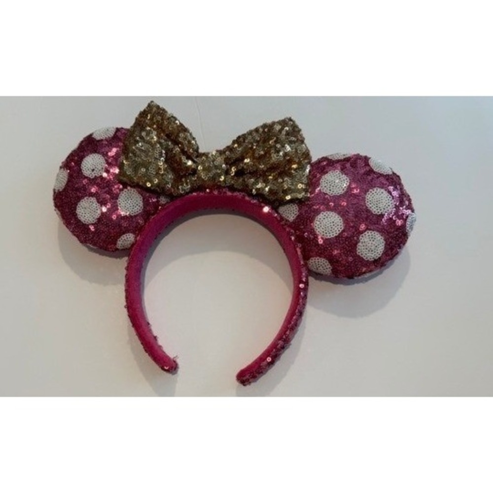 Disney Minnie Mouse Pink Sequin Polka Dot Ears Gold Bow Headband Kids